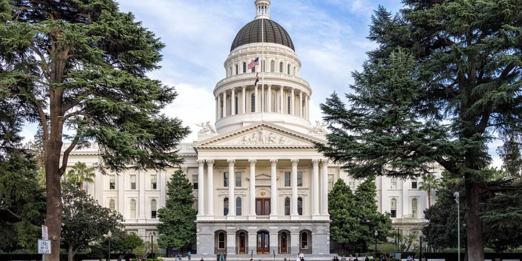 The California State Capitol building in Sacramento, viewed from 10th Street with trees framing its dome